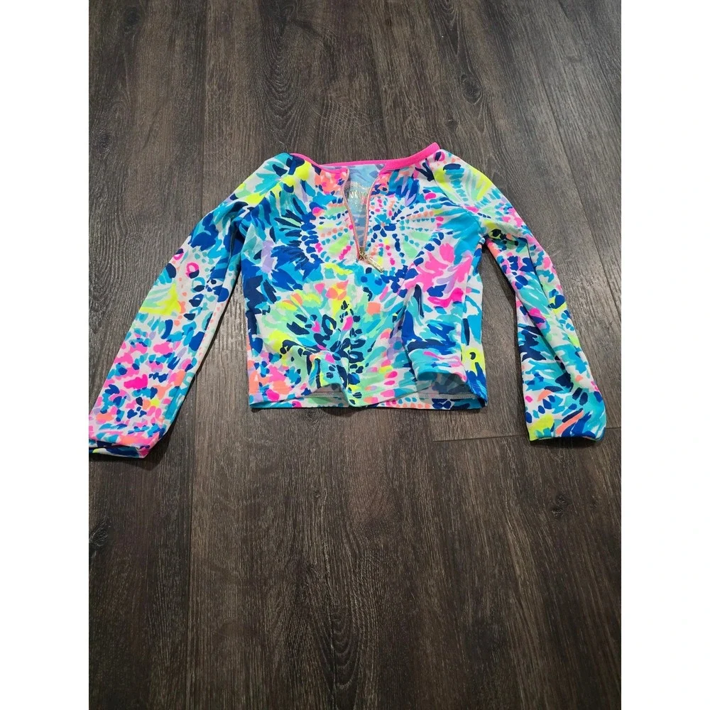 Lilly Pulitzer Girl Luxletic Rash Guard Swim Top Blue Pink Floral Zip  S 4-5